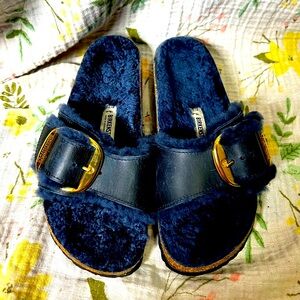 Birkenstock Madrid Big Buckle Shearling Blue Oiled Leather Sandals EU37 US6/6.5